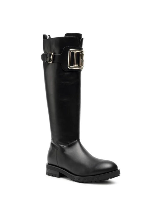 Black Leather Knee-High Boots with Metallic Buckle