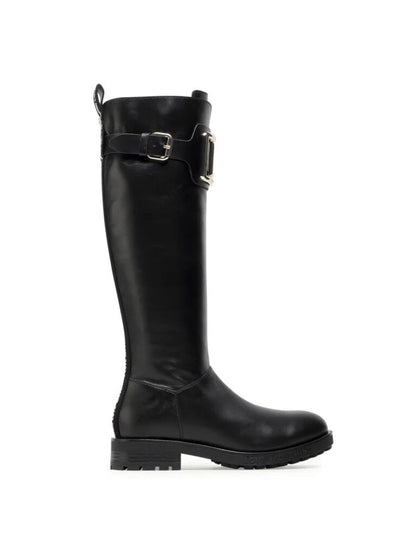 Black Leather Knee-High Boots with Metallic Buckle