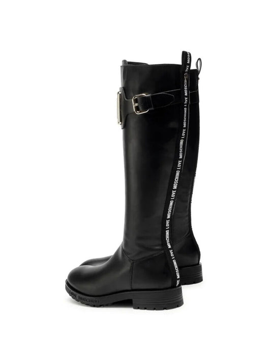 Black Leather Knee-High Boots with Metallic Buckle