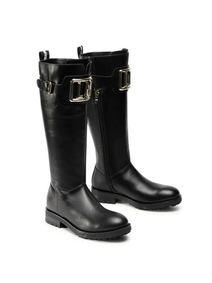 Black Leather Knee-High Boots with Metallic Buckle