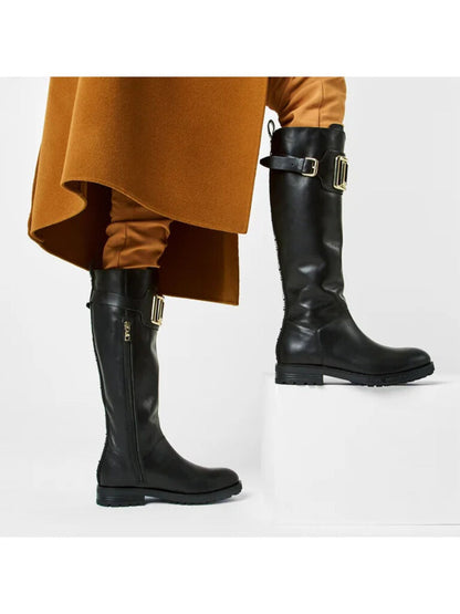 Black Leather Knee-High Boots with Metallic Buckle
