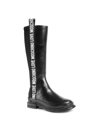 Black Logo Leather Knee-High Boots with Pull Strap