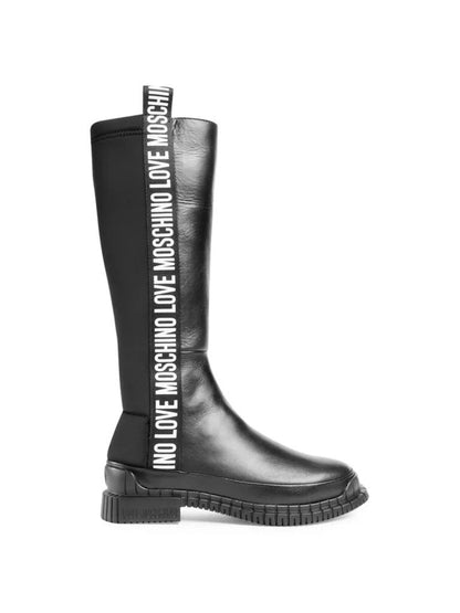 Black Logo Leather Knee-High Boots with Pull Strap