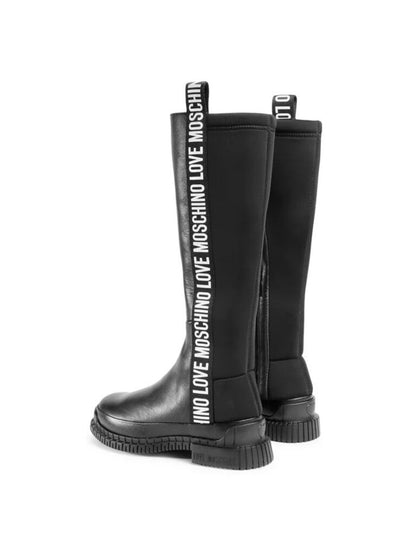 Black Logo Leather Knee-High Boots with Pull Strap