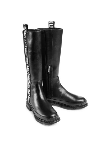 Black Logo Leather Knee-High Boots with Pull Strap
