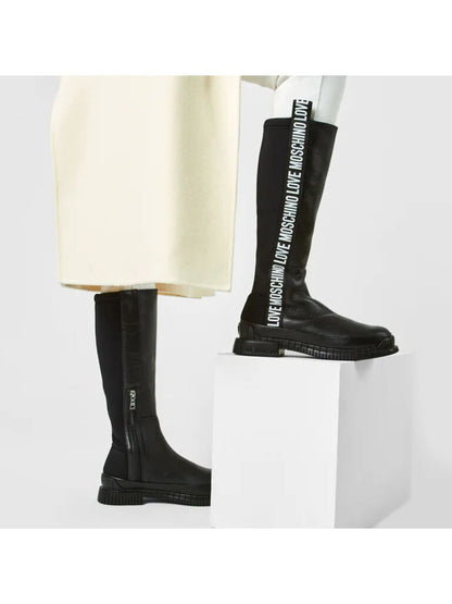 Black Logo Leather Knee-High Boots with Pull Strap