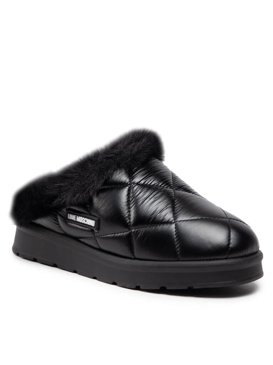 Black Quilted Slip-On Slipper with Faux Fur Trim