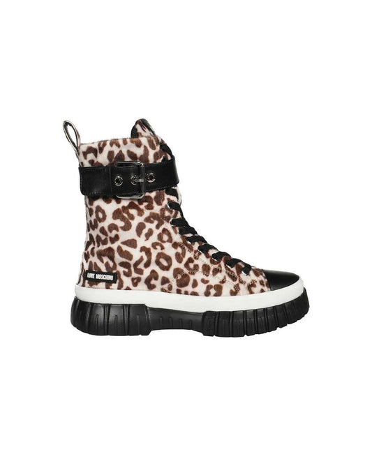 Brown Leopard Print High-Top Sneakers with Buckle Detail