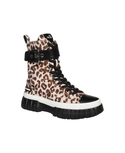 Brown Leopard Print High-Top Sneakers with Buckle Detail