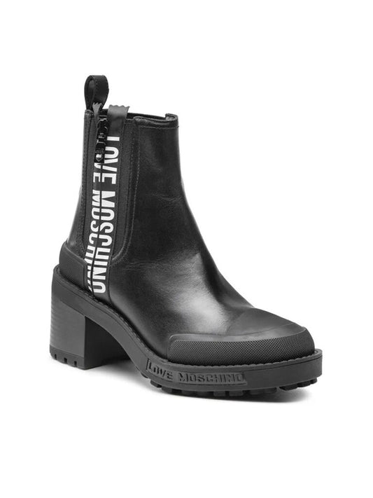 Black Leather Ankle Boot with Chunky Heel