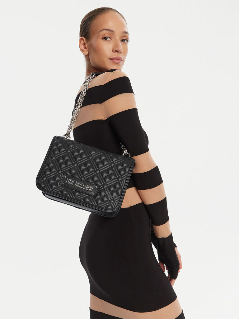 Black Quilted Shoulder Bag with Chain Strap