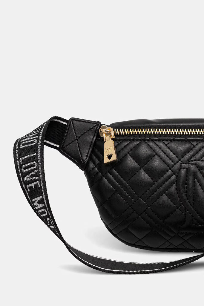Black Quilted Belt Bag with Logo Plate