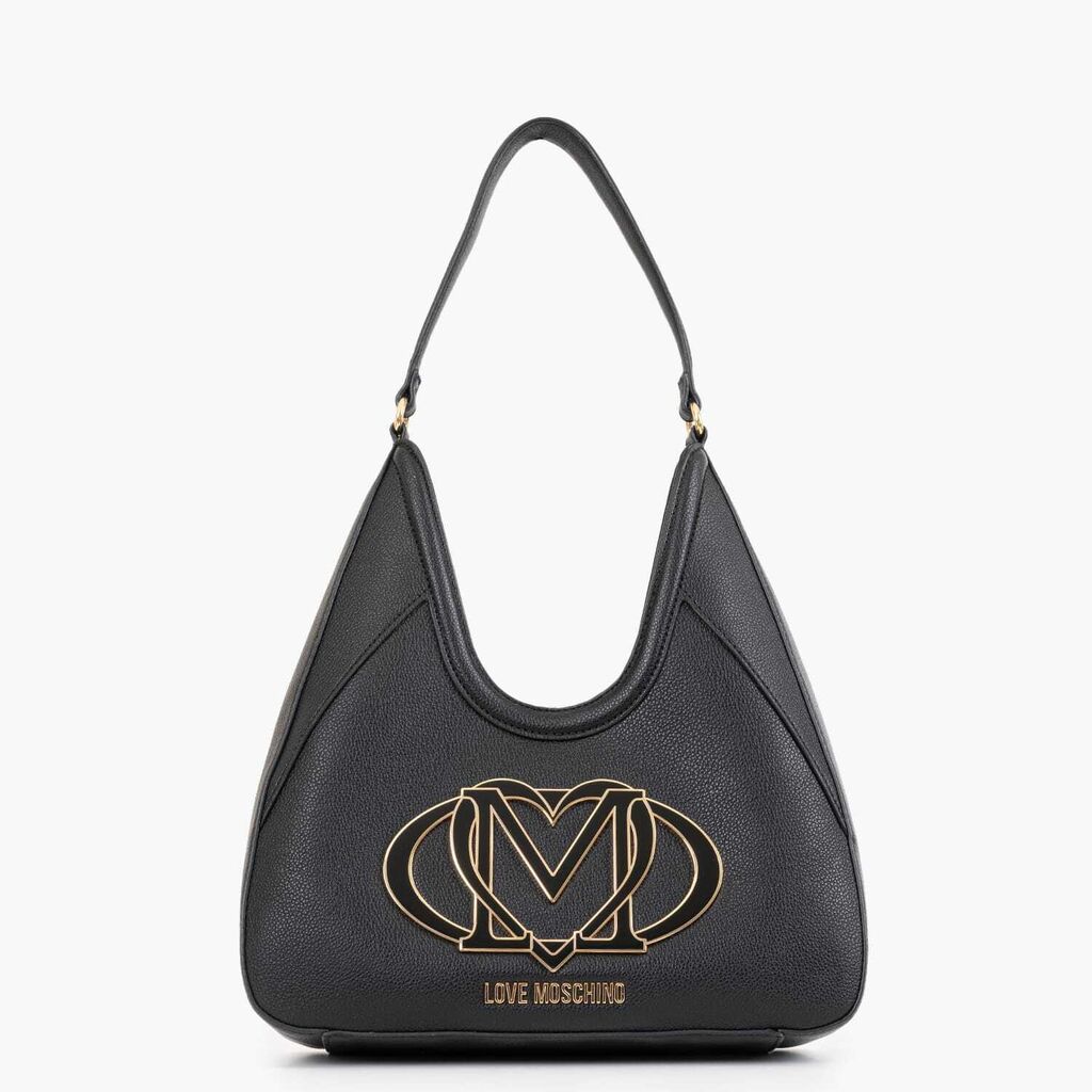 Black Faux Leather Hobo Bag with Embossed Logo
