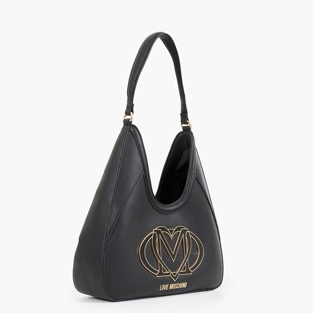 Black Faux Leather Hobo Bag with Embossed Logo