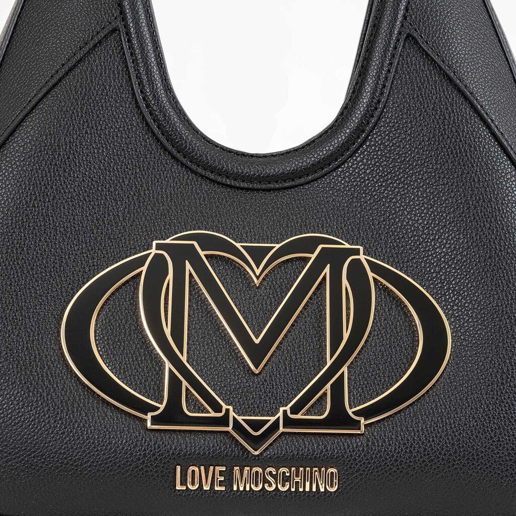 Black Faux Leather Hobo Bag with Embossed Logo