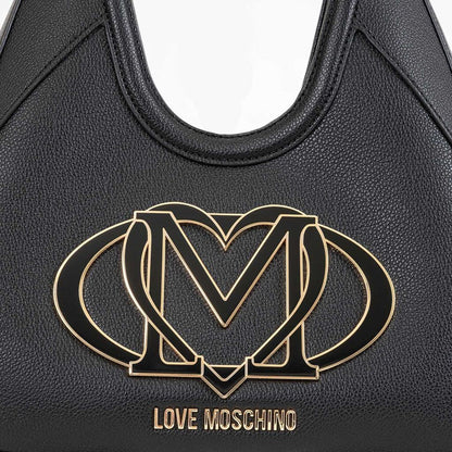 Black Faux Leather Hobo Bag with Embossed Logo