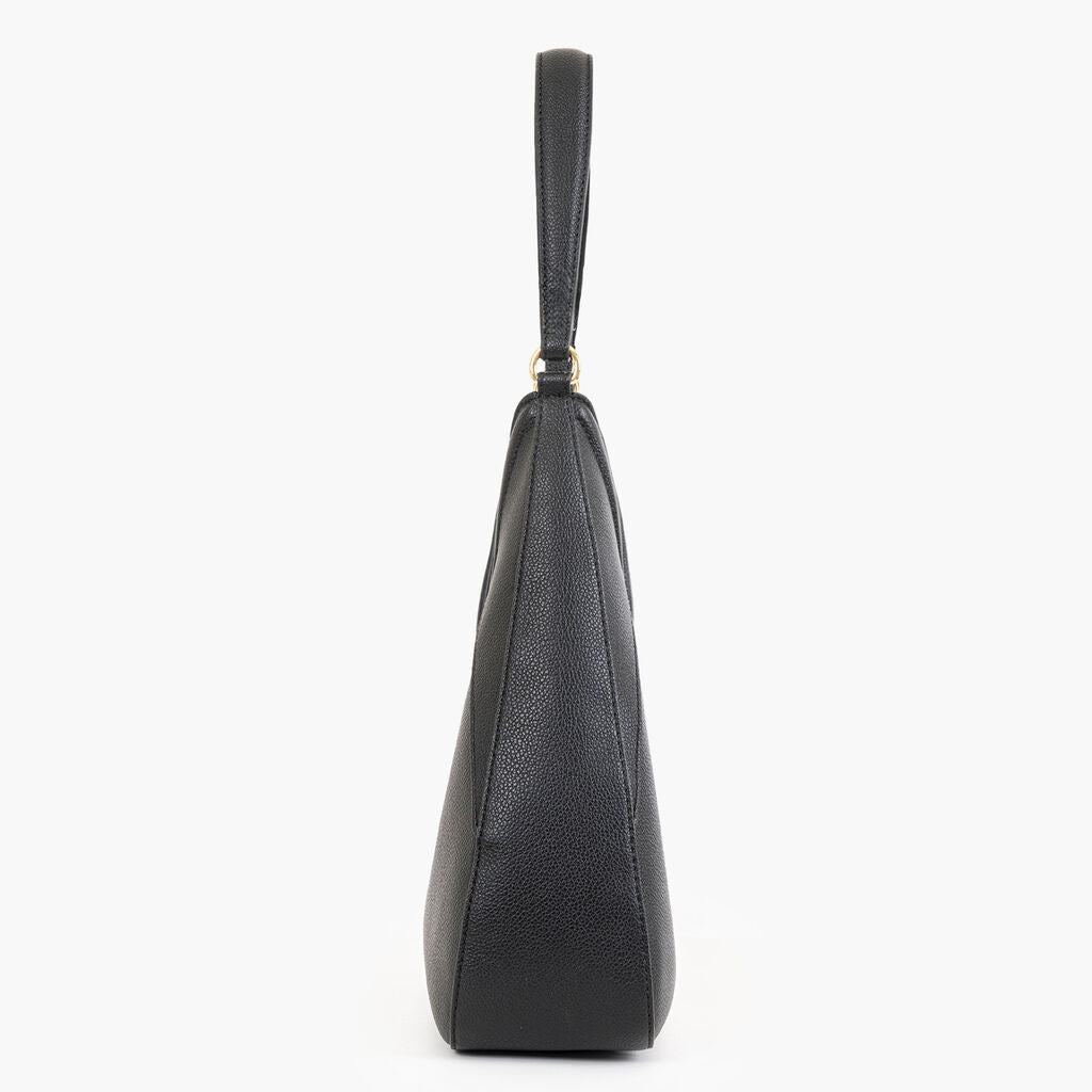 Black Faux Leather Hobo Bag with Embossed Logo