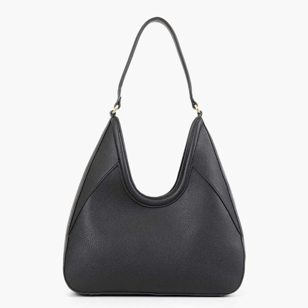 Black Faux Leather Hobo Bag with Embossed Logo