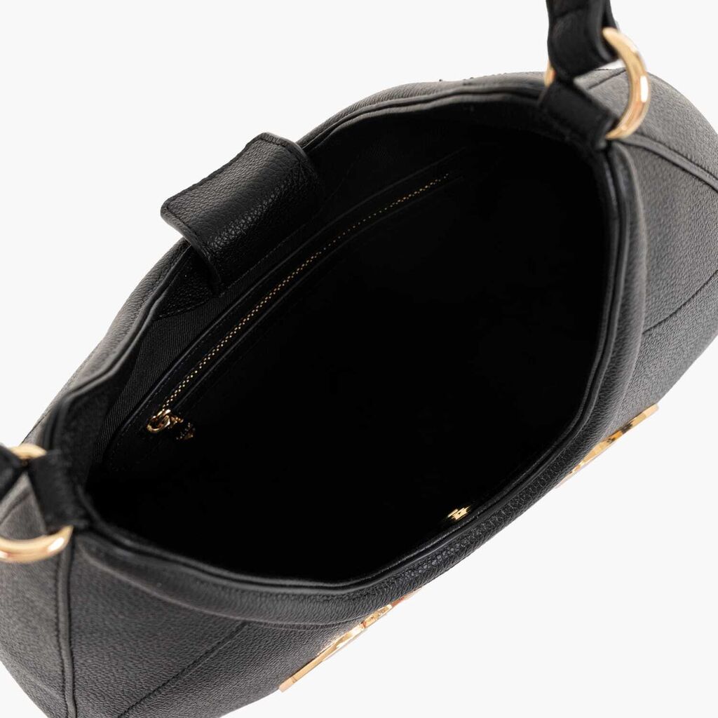 Black Faux Leather Hobo Bag with Embossed Logo