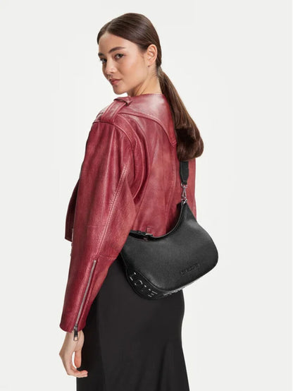 Black Textured Shoulder Bag with Adjustable Handle