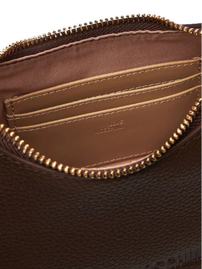 Dark Brown Textured Leather Shoulder Bag with Embossed Detail