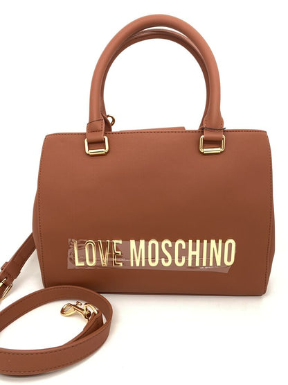 Tan Faux Leather Satchel with Logo Accent