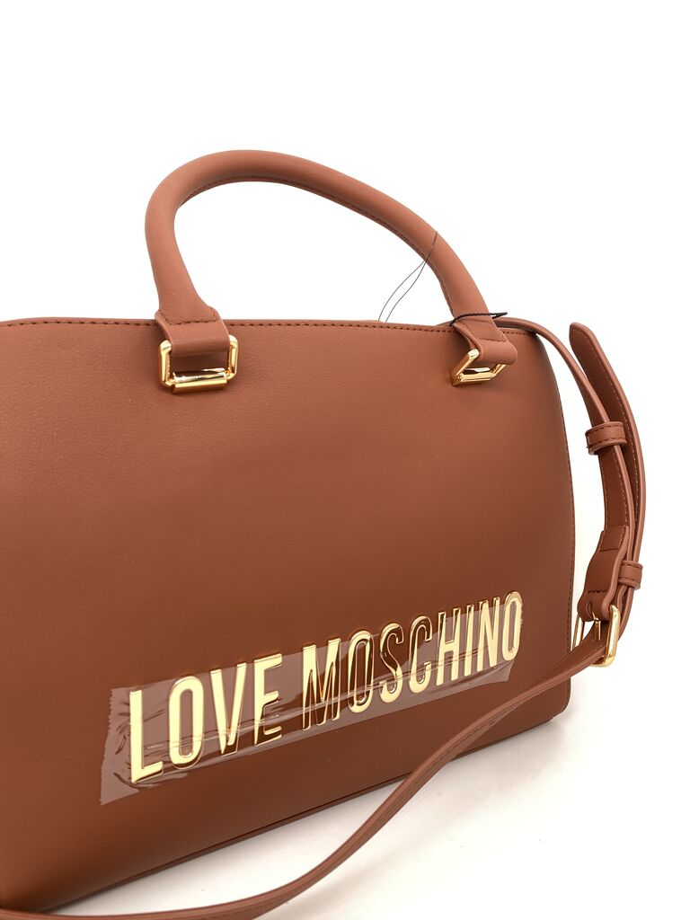 Tan Faux Leather Satchel with Logo Accent