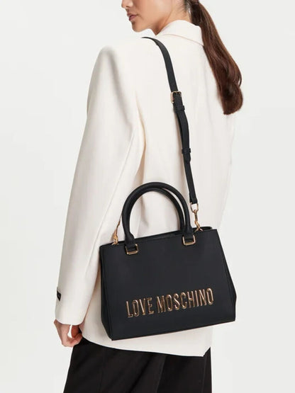 Black Structured Logo Tote with Dual Handles
