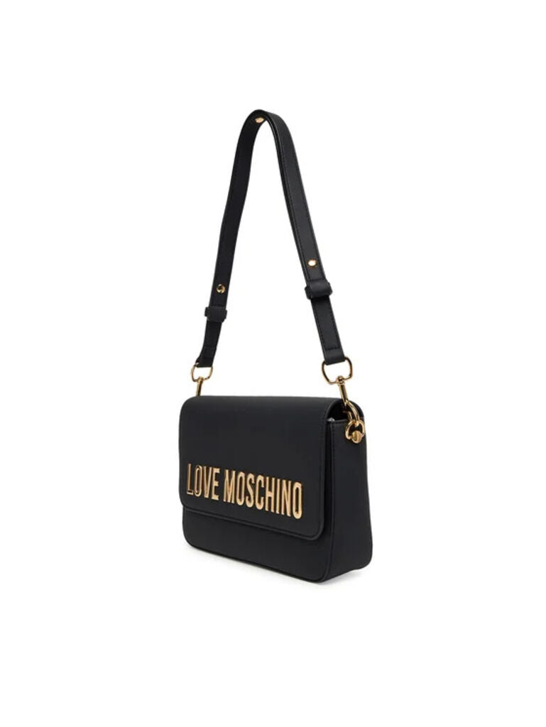 Black Textured Shoulder Bag with Logo Detail