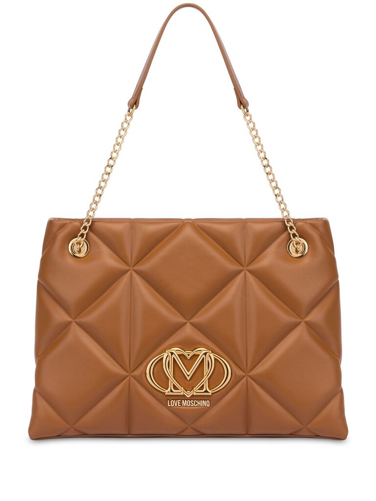 Brown Quilted Leather Tote with Gold Chain