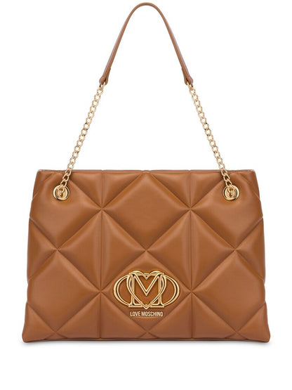 Brown Quilted Leather Tote with Gold Chain