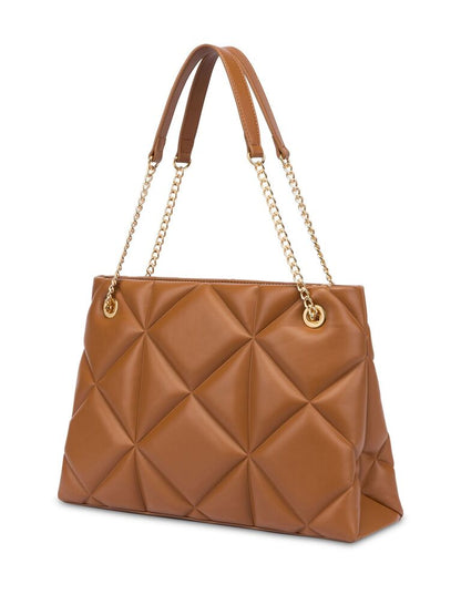 Brown Quilted Leather Tote with Gold Chain