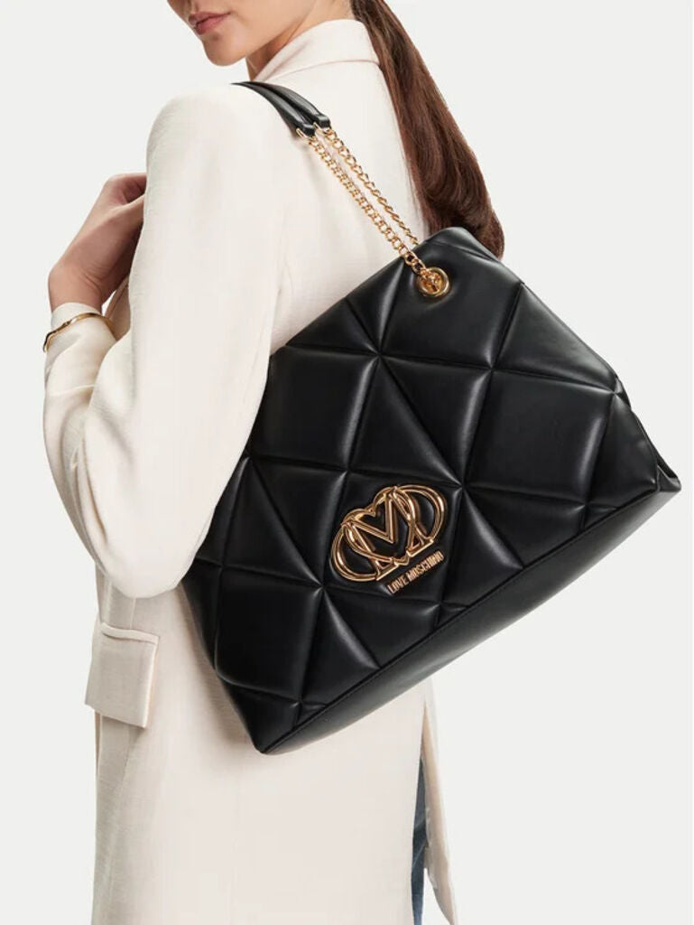 Black Quilted Tote Bag with Chain Straps