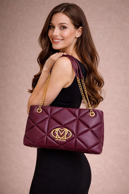 Burgundy Quilted Tote Bag with Gold Accents