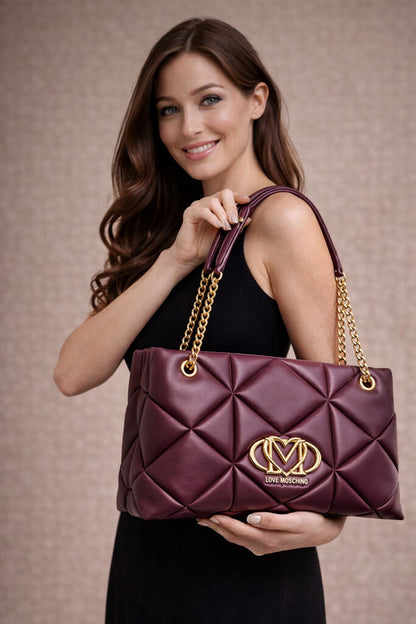Burgundy Quilted Tote Bag with Gold Accents