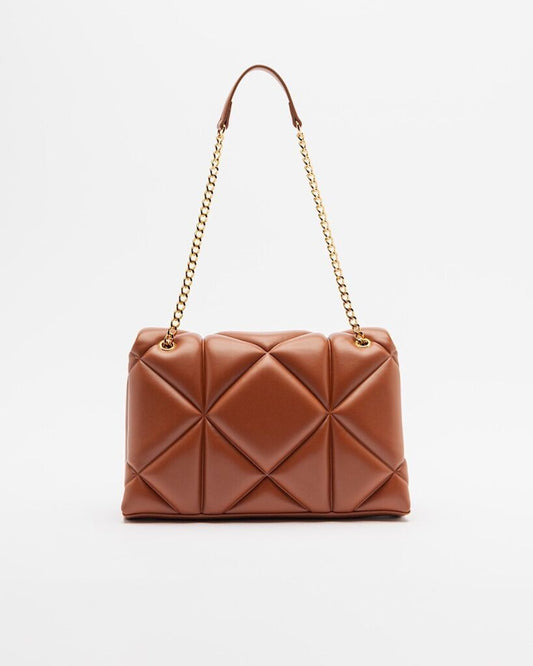 Brown Quilted Shoulder Bag with Gold Chain