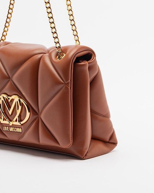 Brown Quilted Shoulder Bag with Gold Chain