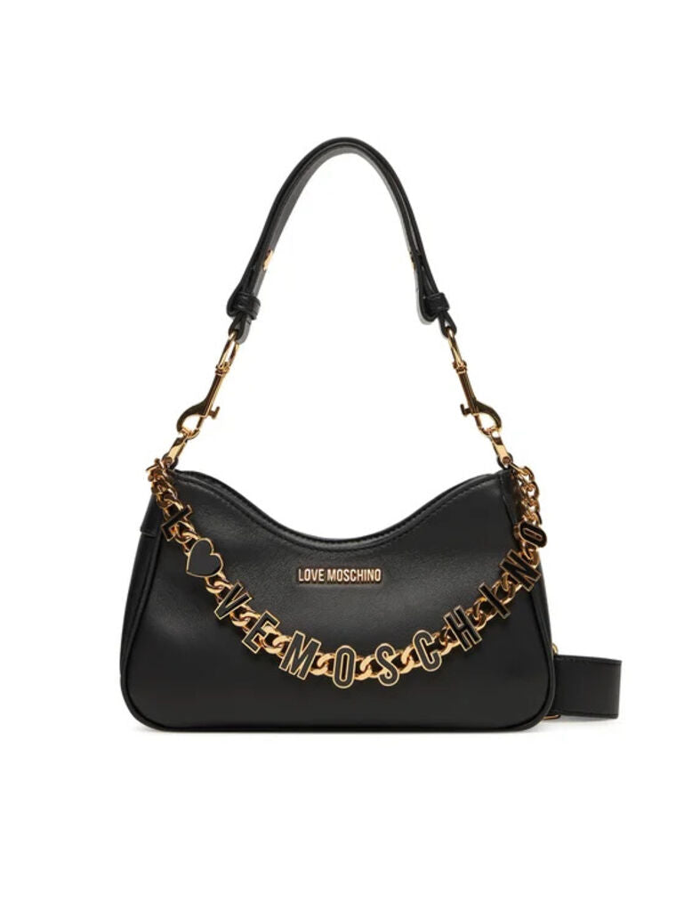 Black Textured Shoulder Bag with Logo Chain