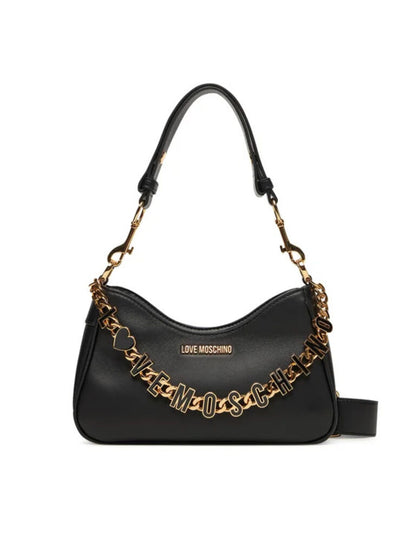 Black Textured Shoulder Bag with Logo Chain