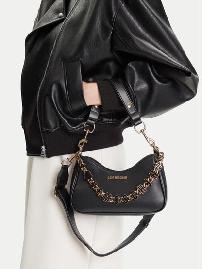 Black Textured Shoulder Bag with Logo Chain