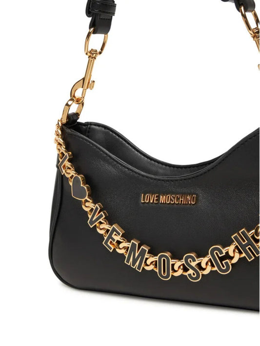Black Textured Shoulder Bag with Logo Chain