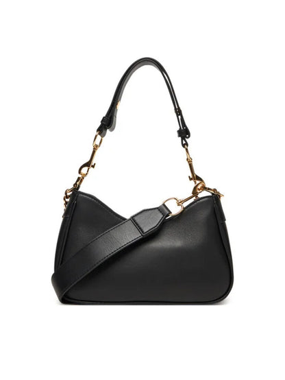Black Textured Shoulder Bag with Logo Chain