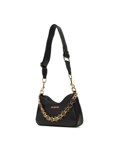 Black Textured Shoulder Bag with Logo Chain