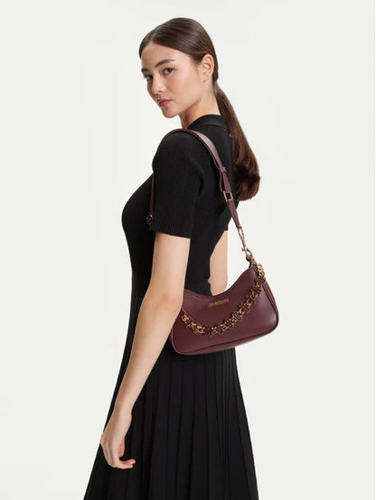 Burgundy Leather Shoulder Bag with Gold Chain