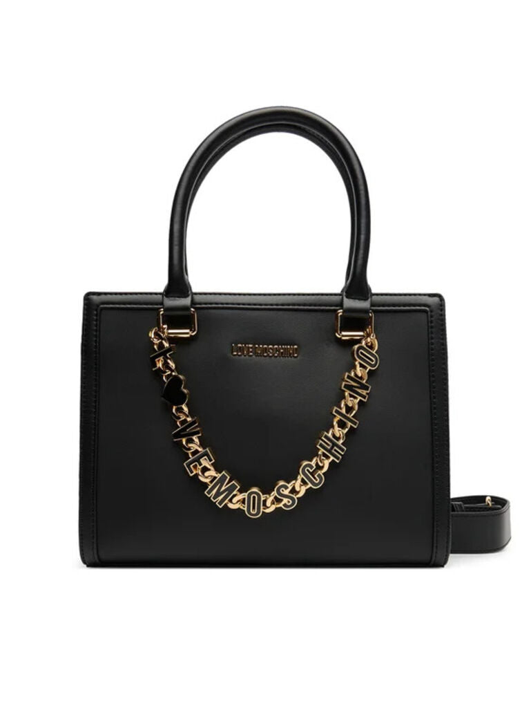 Black Leather Tote Bag with Statement Chain