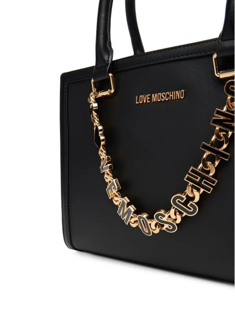 Black Leather Tote Bag with Statement Chain