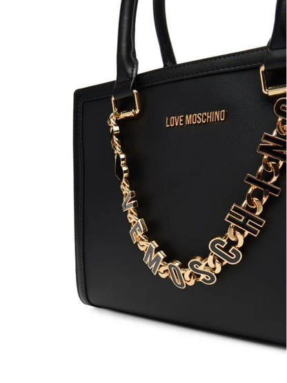 Black Leather Tote Bag with Statement Chain