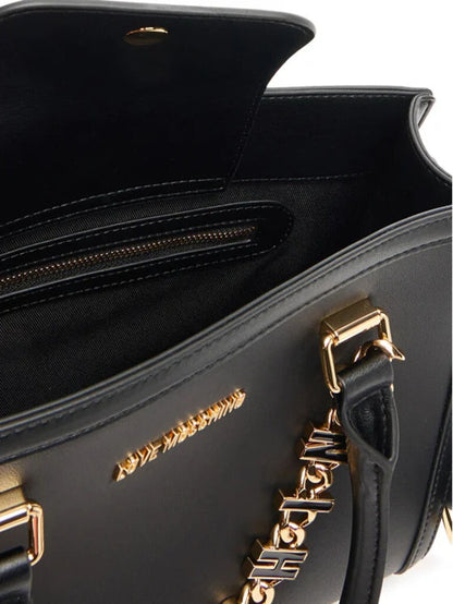 Black Leather Tote Bag with Statement Chain