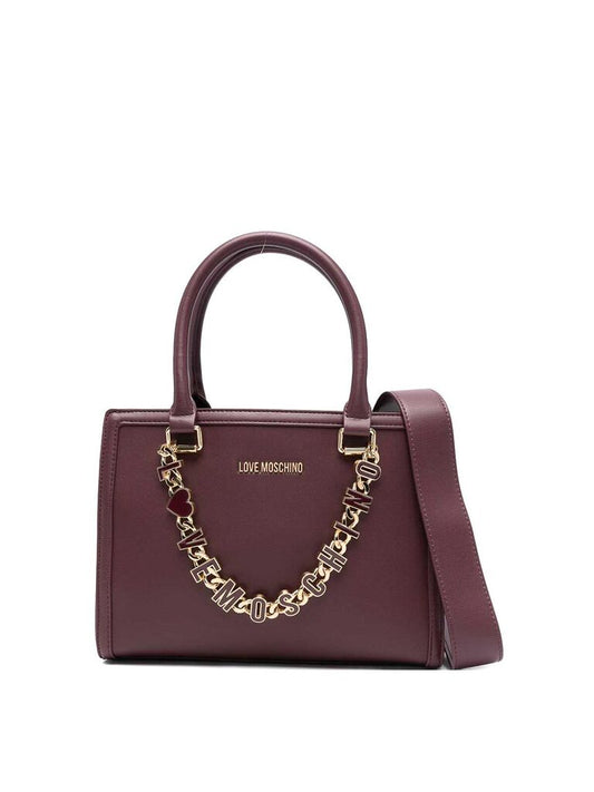Burgundy Structured Leather Tote with Gold Chain