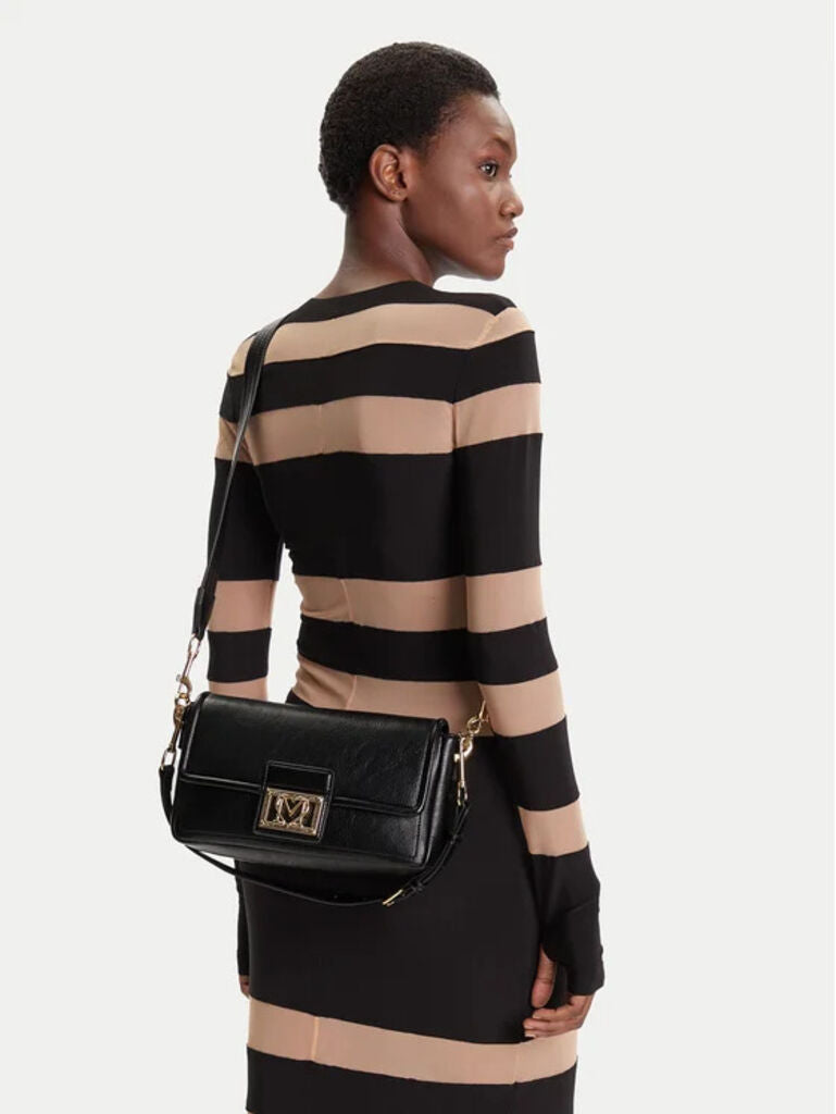 Black Leather Shoulder Bag with Gold Accent